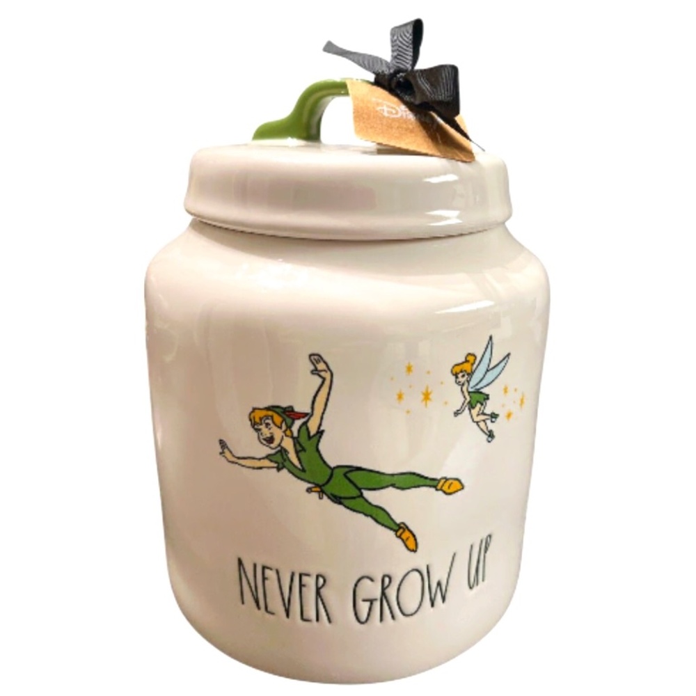 Rae Dunn Never Grow Up White and Green Canister